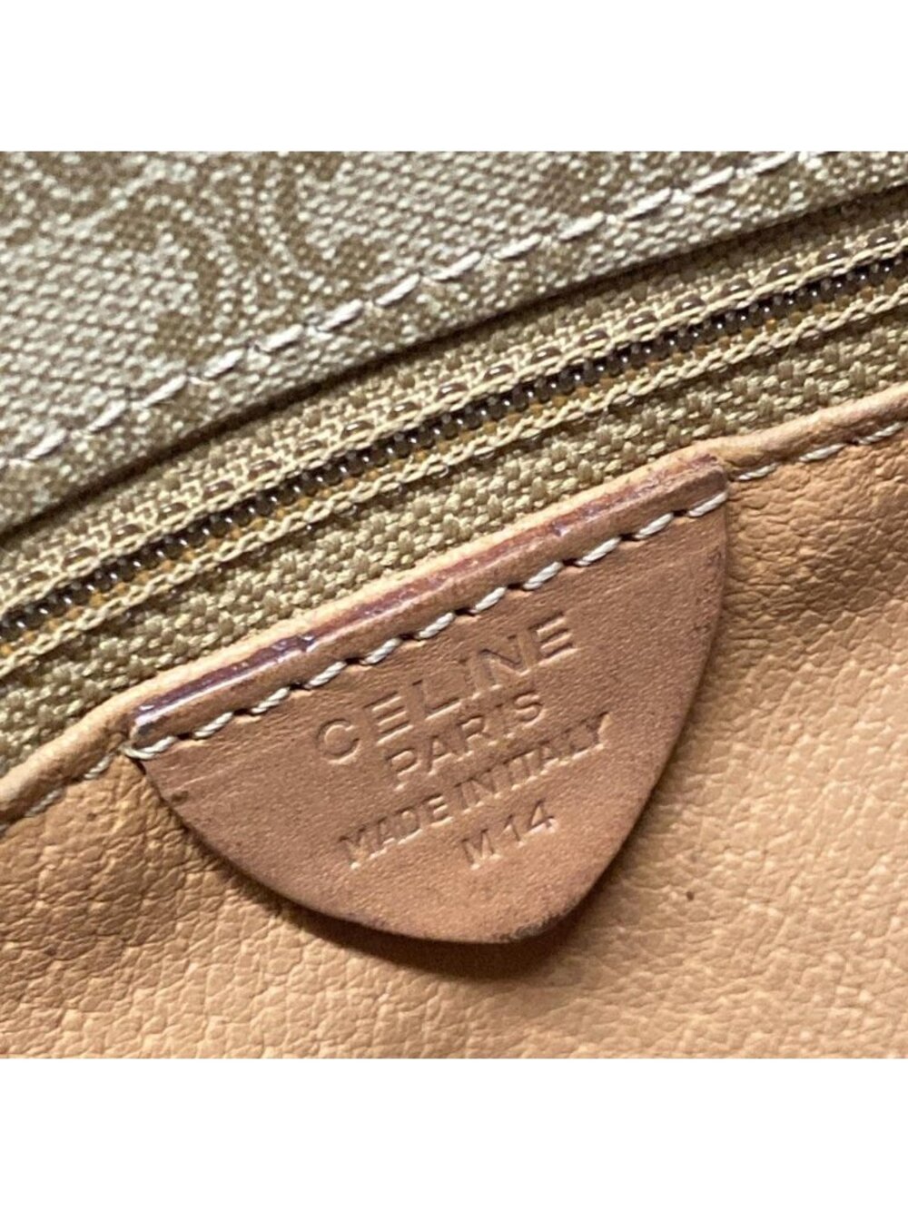 Celine Shoulder Bag Circle Logo Macadam Pattern Khaki Ivory Light Brown Leather - Picture 8 of 11